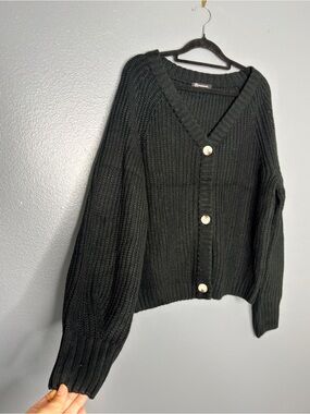 Cozy Classic Black V-Neck Button Oversized Cardigan Sweater academia Medium